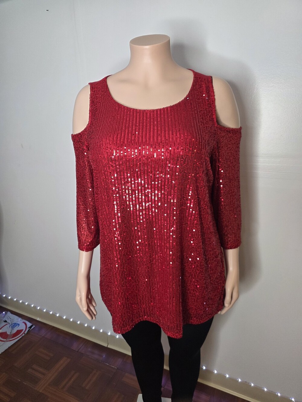 JM Collection Red Sequin Cold-Shoulder Tunic Top Size US 3X